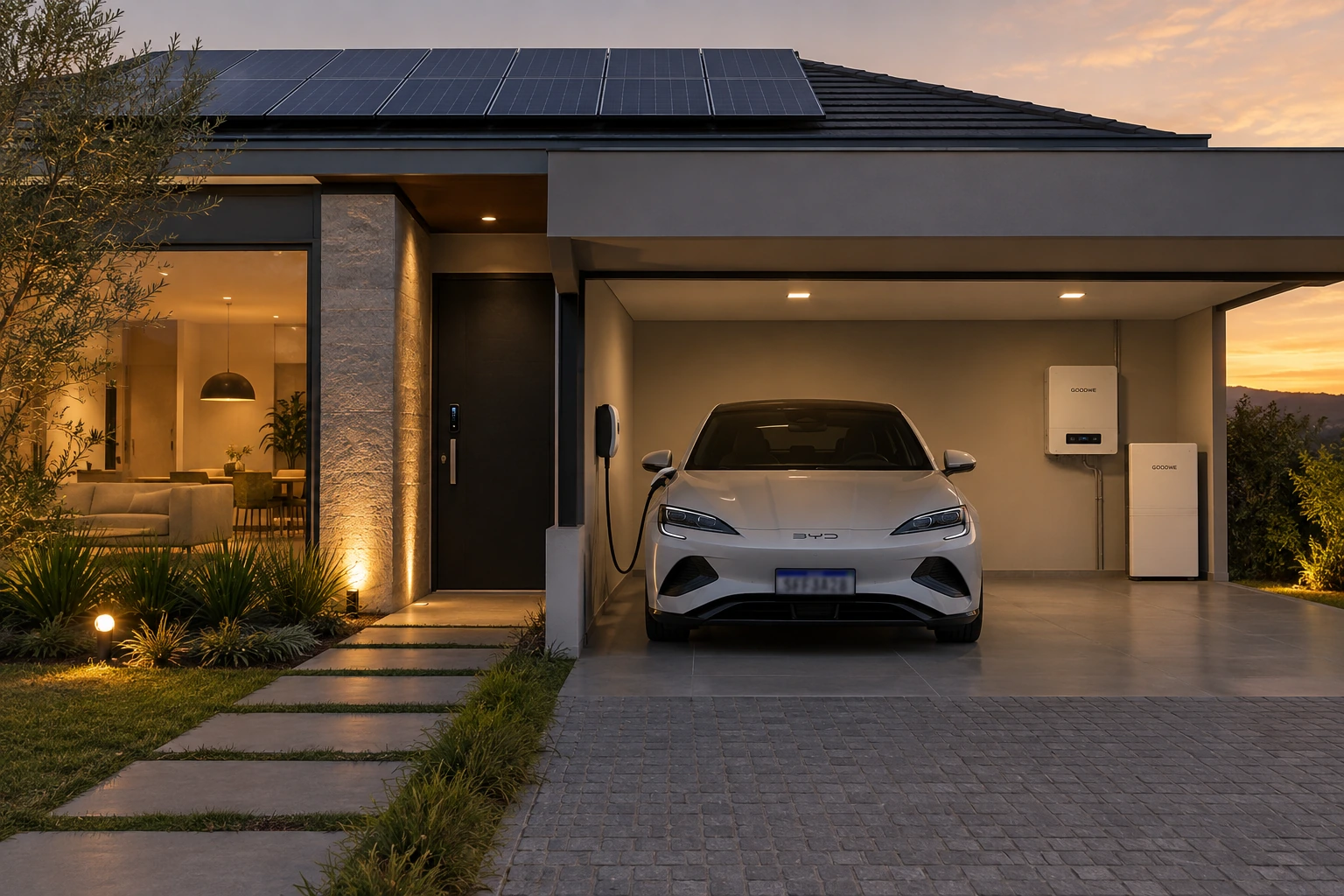Casa moderna com energia solar, carregamento de veículo elétrico e sistema híbrido